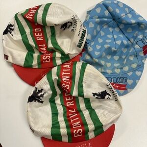 Cycling Caps with Red and Green Stripes and Blue Heart Pattern